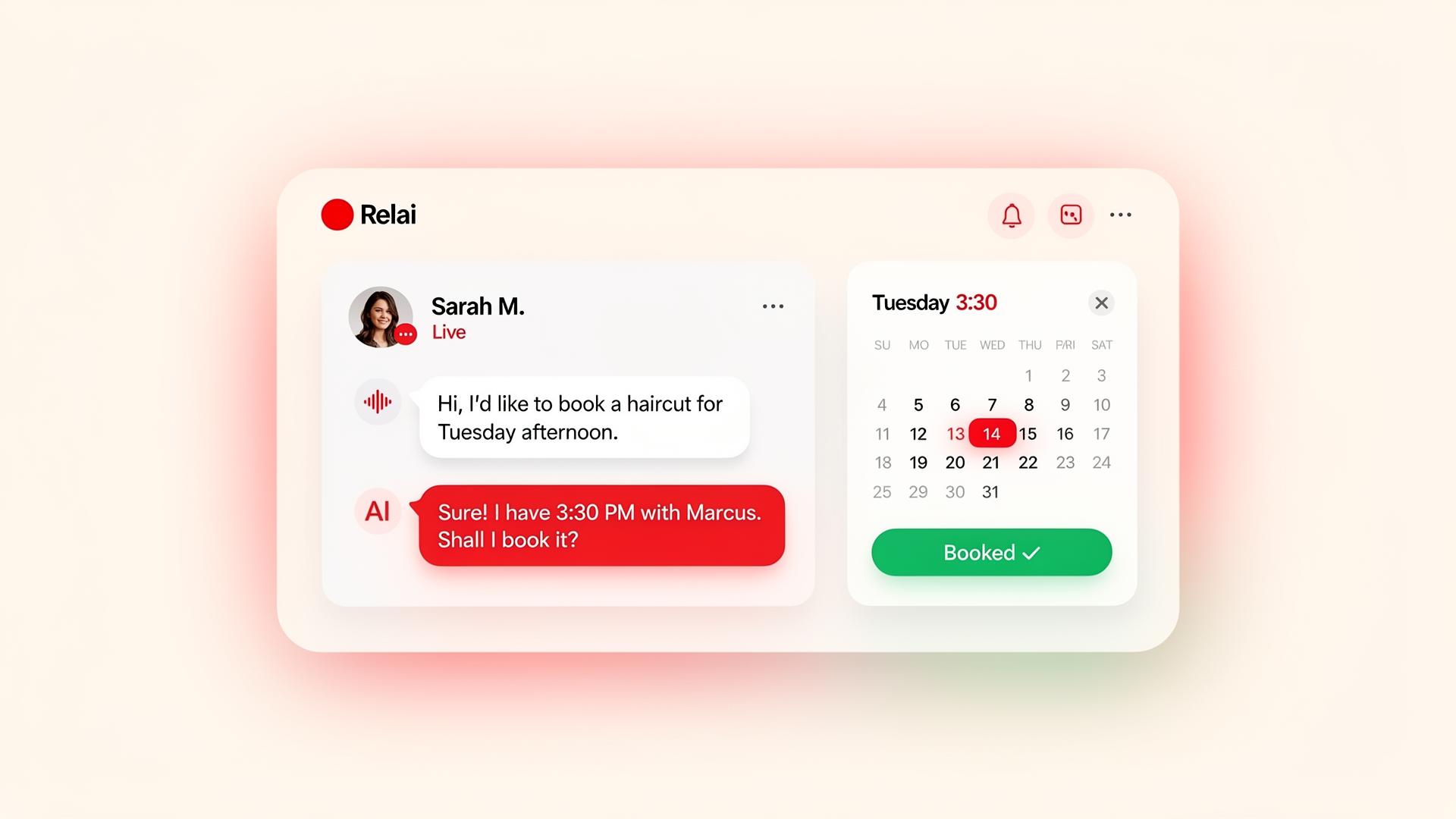 Relai dashboard showing a live call transcript and a booked appointment
